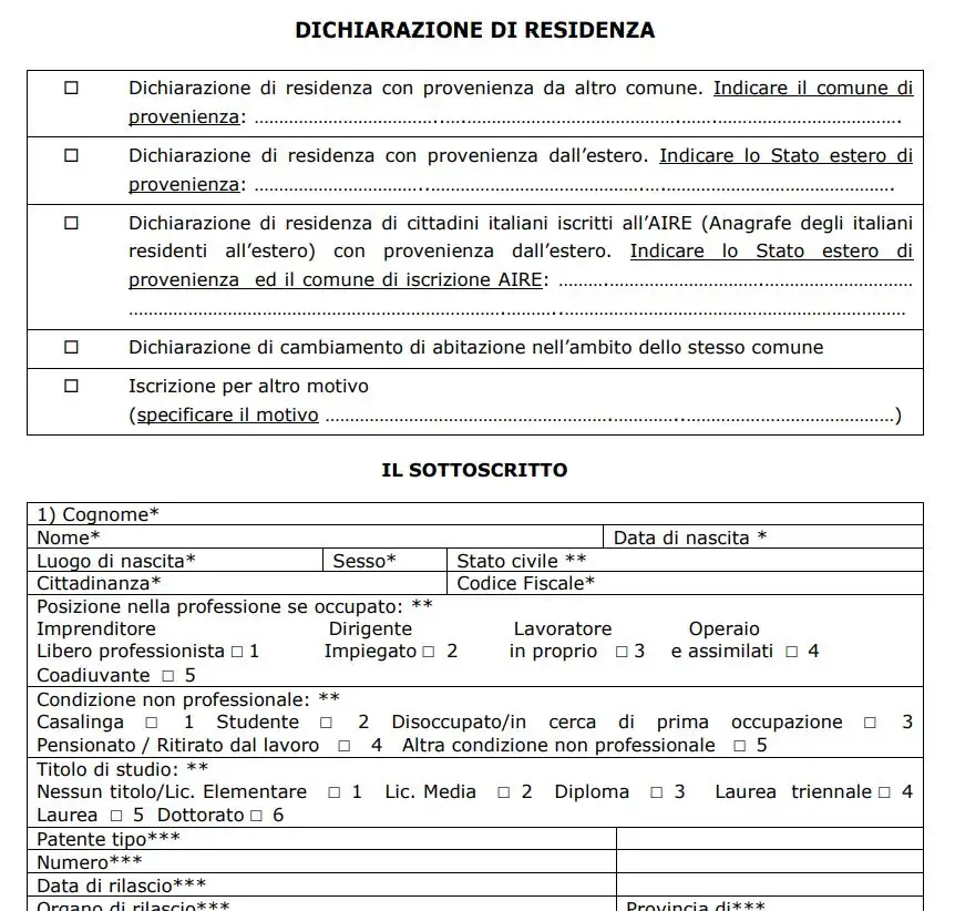 Example of declaration of residency form.