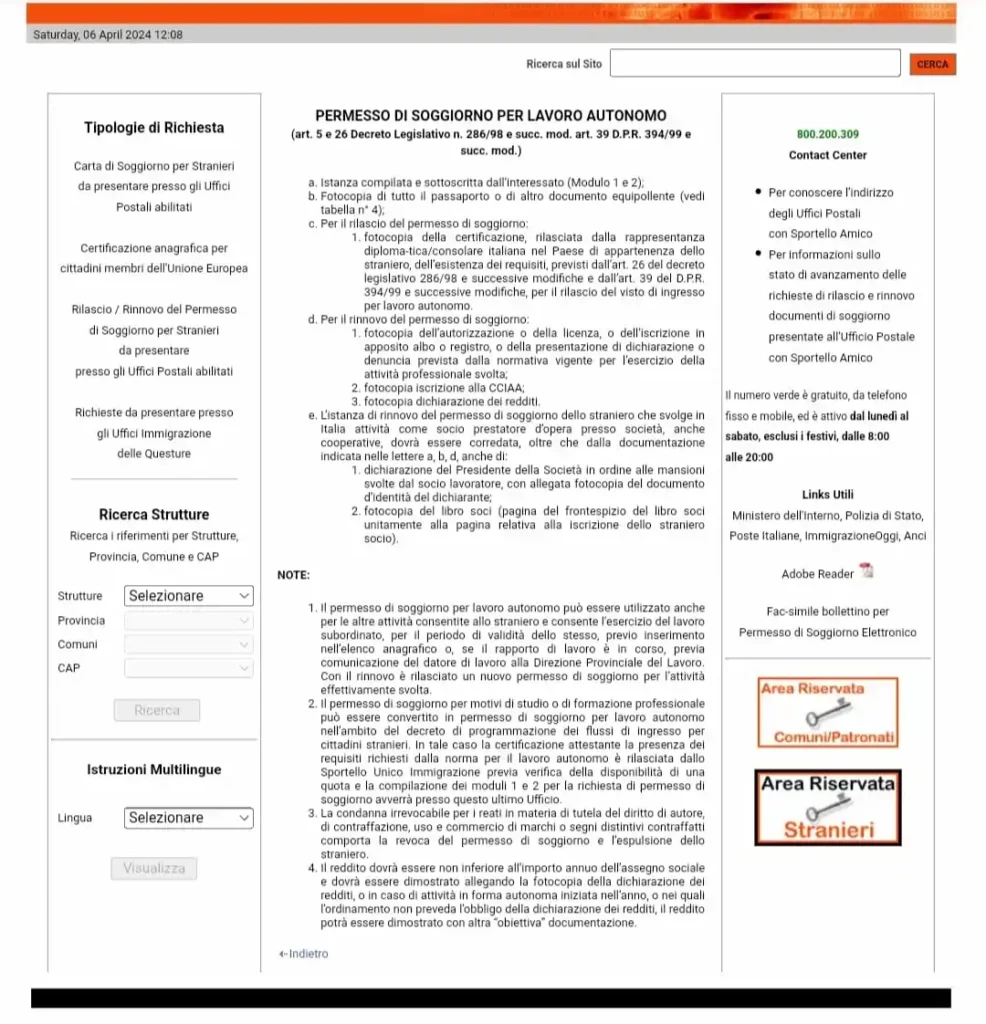 requirements for applying for permesso lavoro autonomo in Italian